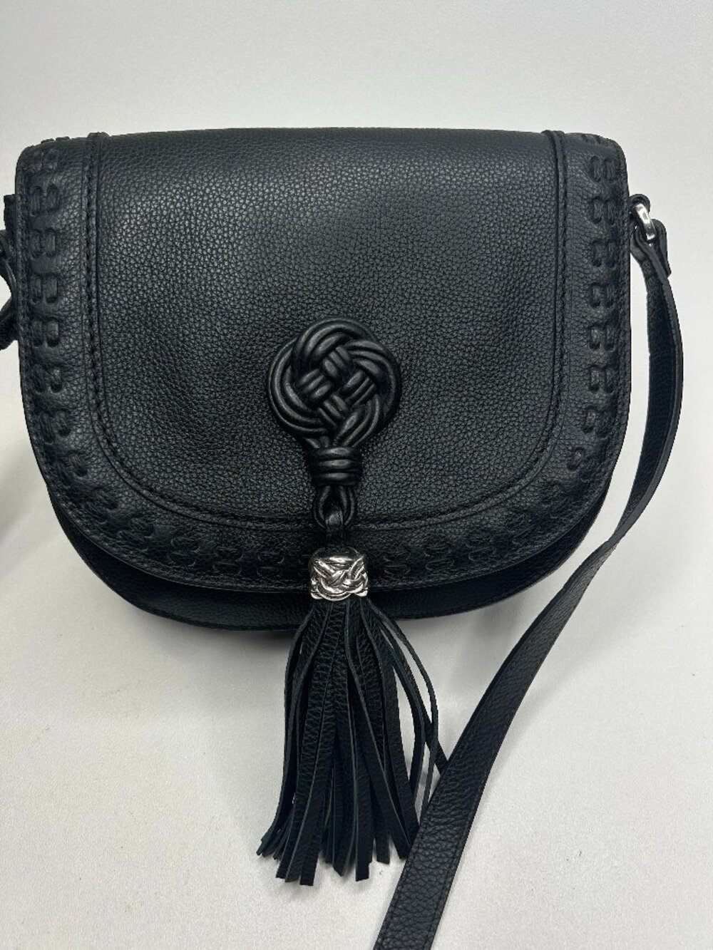 BRIGHTON Interlok TRINA Saddlebag Black Leather PURSE Tassle Whipstitch